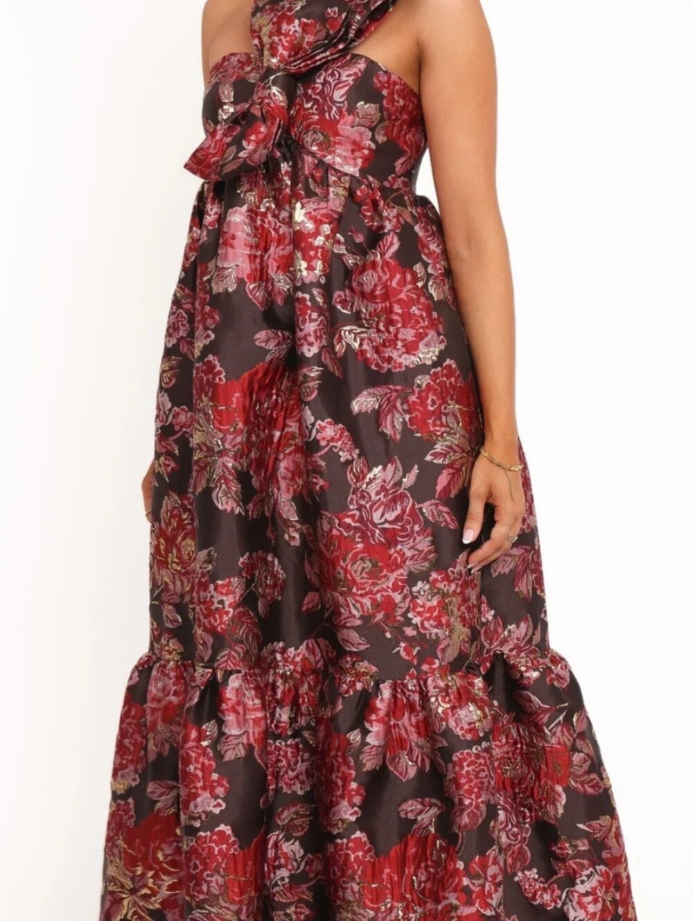 PETAL & PUP Betina Bow Front Maxi Dress in Brown Combo Size Small